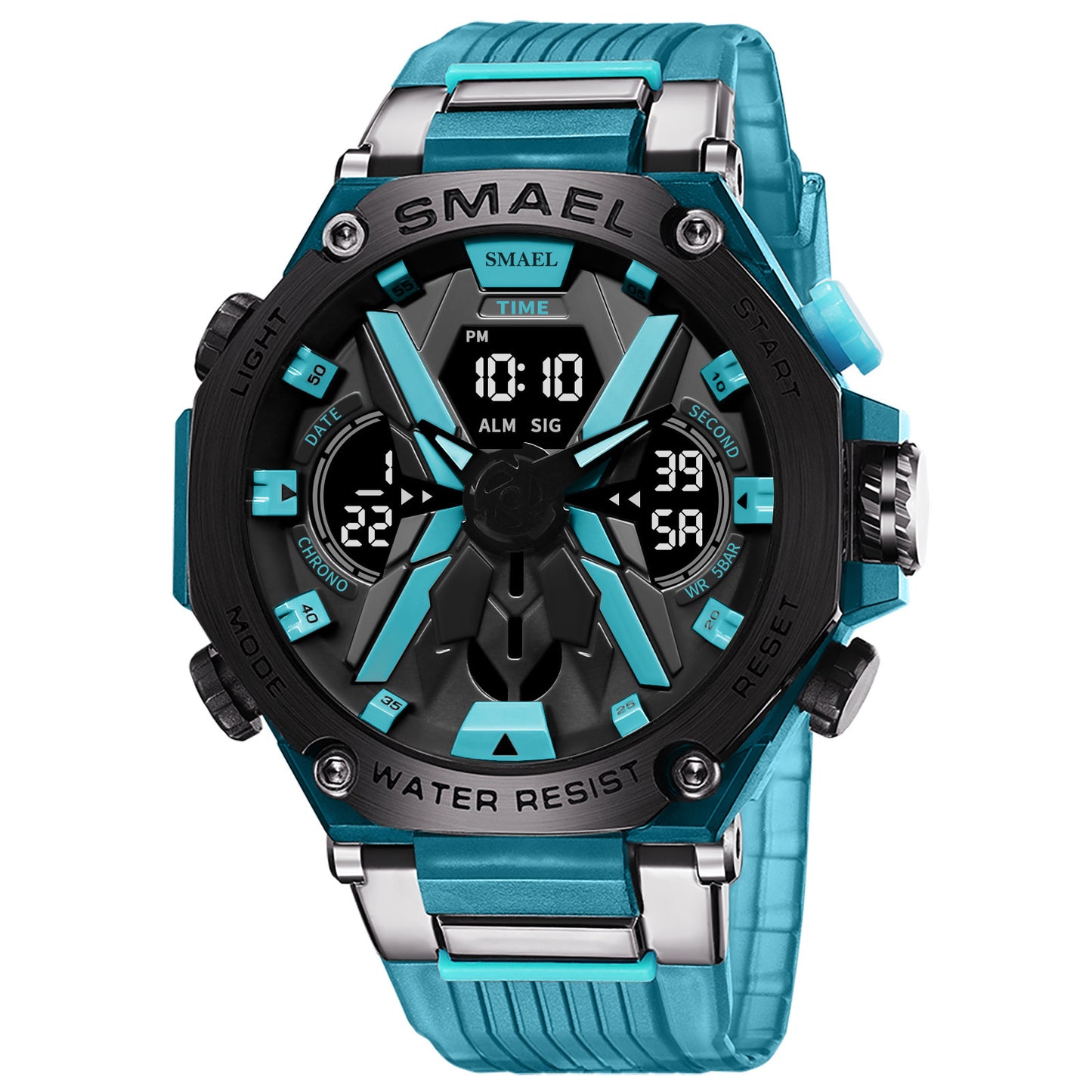 Multifunctional Digital Double Display Waterproof Alloy Sports Men Quartz Watch